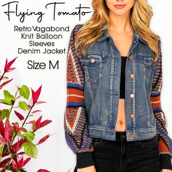 Flying Tomato Retro Vagabond Knit Balloon Sleeves Denim Jacket - Picture 16 of 16